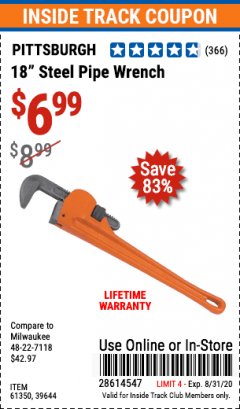 Harbor Freight ITC Coupon 18" STEEL PIPE WRENCH Lot No. 39644/61350 Expired: 8/31/20 - $6.99