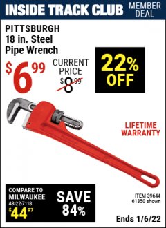 Harbor Freight ITC Coupon 18" STEEL PIPE WRENCH Lot No. 39644/61350 Expired: 1/6/22 - $6.99
