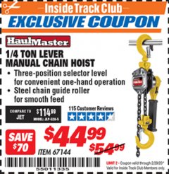 Harbor Freight ITC Coupon 1/4 TON LEVER MANUAL CHAIN HOIST Lot No. 67144 Expired: 2/29/20 - $44.99