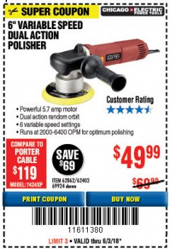 Harbor Freight Coupon BAUER 6" VARIABLE SPEED DUAL ACTION POLISHER Lot No. 69924/62862/64528/64529 Expired: 6/3/18 - $49.99
