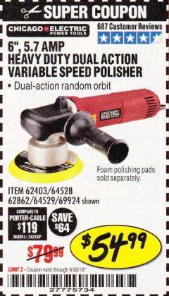 Harbor Freight Coupon BAUER 6" VARIABLE SPEED DUAL ACTION POLISHER Lot No. 69924/62862/64528/64529 Expired: 6/30/19 - $54.99