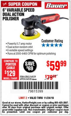 Harbor Freight Coupon BAUER 6" VARIABLE SPEED DUAL ACTION POLISHER Lot No. 69924/62862/64528/64529 Expired: 11/24/19 - $59.99