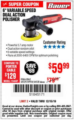 Harbor Freight Coupon BAUER 6" VARIABLE SPEED DUAL ACTION POLISHER Lot No. 69924/62862/64528/64529 Expired: 12/15/19 - $59.99