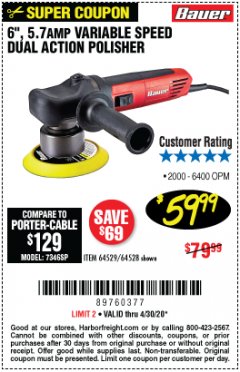 Harbor Freight Coupon BAUER 6" VARIABLE SPEED DUAL ACTION POLISHER Lot No. 69924/62862/64528/64529 Expired: 6/30/20 - $59.99