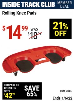 Harbor Freight ITC Coupon ROLLING KNEE PADS Lot No. 67406 Expired: 1/6/22 - $14.99