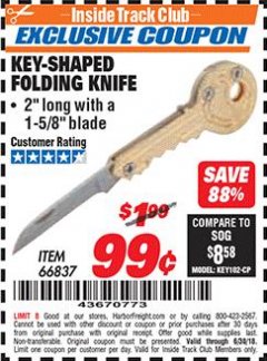 Harbor Freight ITC Coupon KEY-SHAPED FOLDING KNIFE Lot No. 66837 Expired: 6/30/18 - $0.99