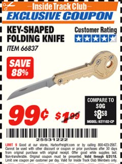 Harbor Freight ITC Coupon KEY-SHAPED FOLDING KNIFE Lot No. 66837 Expired: 8/31/18 - $0.99