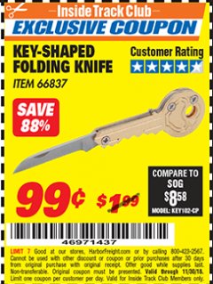 Harbor Freight ITC Coupon KEY-SHAPED FOLDING KNIFE Lot No. 66837 Expired: 11/30/18 - $0.99