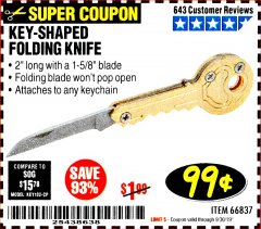 Harbor Freight Coupon KEY-SHAPED FOLDING KNIFE Lot No. 66837 Expired: 9/30/19 - $0.99