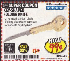 Harbor Freight Coupon KEY-SHAPED FOLDING KNIFE Lot No. 66837 Expired: 10/31/19 - $0.99