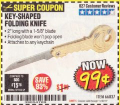 Harbor Freight Coupon KEY-SHAPED FOLDING KNIFE Lot No. 66837 Expired: 11/30/19 - $0.99