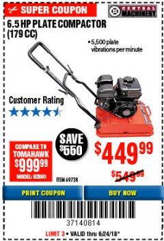 Harbor Freight Coupon 6.5 HP PLATE COMPACTOR (179 CC) Lot No. 66571/69738 Expired: 6/24/18 - $449.99