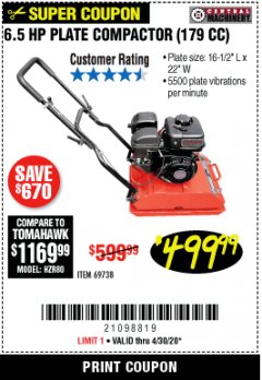 Harbor Freight Coupon 6.5 HP PLATE COMPACTOR (179 CC) Lot No. 66571/69738 Expired: 6/30/20 - $499.99