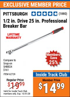 Harbor Freight ITC Coupon 1/2" DRIVE 25" PROFESSIONAL BREAKER BAR Lot No. 62729 Expired: 10/31/20 - $14.99