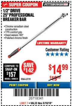 Harbor Freight Coupon 1/2" DRIVE 25" PROFESSIONAL BREAKER BAR Lot No. 62729 Expired: 6/10/18 - $14.99