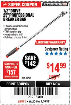 Harbor Freight Coupon 1/2" DRIVE 25" PROFESSIONAL BREAKER BAR Lot No. 62729 Expired: 9/30/18 - $14.99
