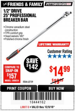 Harbor Freight Coupon 1/2" DRIVE 25" PROFESSIONAL BREAKER BAR Lot No. 62729 Expired: 12/9/18 - $14.99