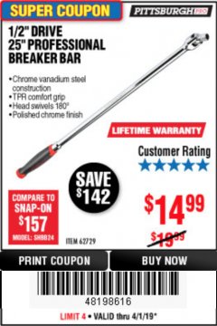 Harbor Freight Coupon 1/2" DRIVE 25" PROFESSIONAL BREAKER BAR Lot No. 62729 Expired: 4/1/19 - $14.99