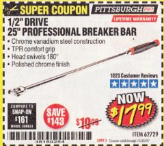 Harbor Freight Coupon 1/2" DRIVE 25" PROFESSIONAL BREAKER BAR Lot No. 62729 Expired: 11/30/19 - $17.99