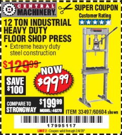 Harbor Freight Coupon 12 TON SHOP PRESS Lot No. 33497/60604 Expired: 2/4/20 - $99.99