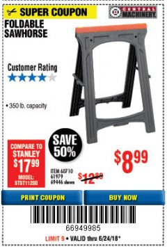 Harbor Freight Coupon FOLDABLE SAWHORSE Lot No. 60710/61979 Expired: 6/24/18 - $8.99