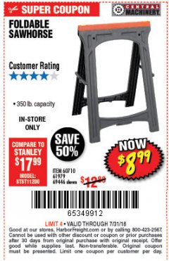 Harbor Freight Coupon FOLDABLE SAWHORSE Lot No. 60710/61979 Expired: 7/31/18 - $8.99