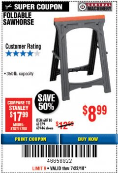 Harbor Freight Coupon FOLDABLE SAWHORSE Lot No. 60710/61979 Expired: 7/22/18 - $8.99