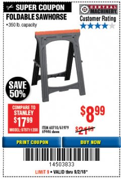 Harbor Freight Coupon FOLDABLE SAWHORSE Lot No. 60710/61979 Expired: 9/2/18 - $8.99