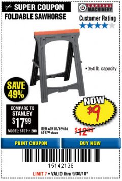 Harbor Freight Coupon FOLDABLE SAWHORSE Lot No. 60710/61979 Expired: 9/30/18 - $9