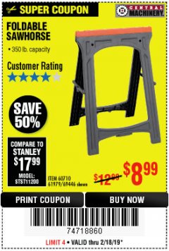 Harbor Freight Coupon FOLDABLE SAWHORSE Lot No. 60710/61979 Expired: 2/18/19 - $8.99