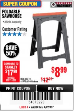 Harbor Freight Coupon FOLDABLE SAWHORSE Lot No. 60710/61979 Expired: 4/22/19 - $8.99