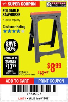 Harbor Freight Coupon FOLDABLE SAWHORSE Lot No. 60710/61979 Expired: 6/16/19 - $8.99
