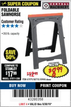 Harbor Freight Coupon FOLDABLE SAWHORSE Lot No. 60710/61979 Expired: 9/30/19 - $8.99