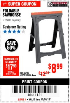 Harbor Freight Coupon FOLDABLE SAWHORSE Lot No. 60710/61979 Expired: 10/20/19 - $8.99