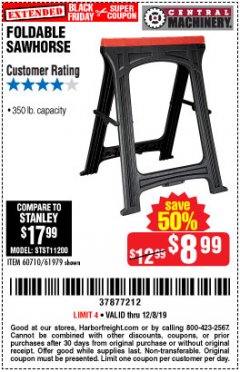 Harbor Freight Coupon FOLDABLE SAWHORSE Lot No. 60710/61979 Expired: 12/8/19 - $8.99