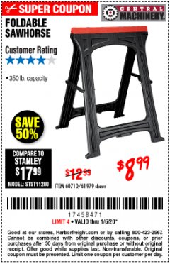 Harbor Freight Coupon FOLDABLE SAWHORSE Lot No. 60710/61979 Expired: 1/6/20 - $8.99