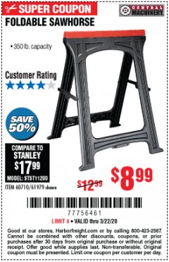 Harbor Freight Coupon FOLDABLE SAWHORSE Lot No. 60710/61979 Expired: 3/22/20 - $8.99
