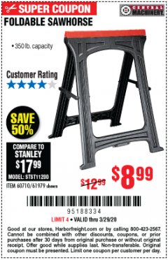 Harbor Freight Coupon FOLDABLE SAWHORSE Lot No. 60710/61979 Expired: 3/29/20 - $8.99