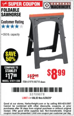 Harbor Freight Coupon FOLDABLE SAWHORSE Lot No. 60710/61979 Expired: 6/30/20 - $8.99