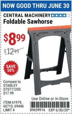 Harbor Freight Coupon FOLDABLE SAWHORSE Lot No. 60710/61979 Expired: 6/30/20 - $8.99
