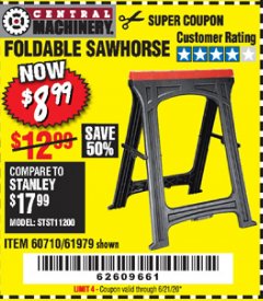 Harbor Freight Coupon FOLDABLE SAWHORSE Lot No. 60710/61979 Expired: 6/21/20 - $8.99
