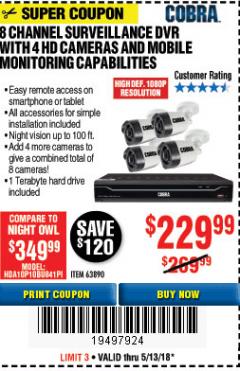 Harbor Freight Coupon 8 CHANNEL SURVEILLANCE DVR WITH 4 HD CAMERAS AND MOBILE MONITORING CAPABILITIES Lot No. 63890 Expired: 5/13/18 - $229.99