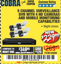 Harbor Freight Coupon 8 CHANNEL SURVEILLANCE DVR WITH 4 HD CAMERAS AND MOBILE MONITORING CAPABILITIES Lot No. 63890 Expired: 10/15/18 - $229.99