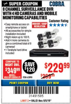 Harbor Freight Coupon 8 CHANNEL SURVEILLANCE DVR WITH 4 HD CAMERAS AND MOBILE MONITORING CAPABILITIES Lot No. 63890 Expired: 8/5/18 - $229.99