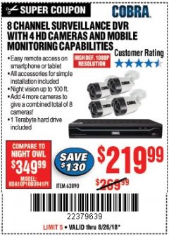 Harbor Freight Coupon 8 CHANNEL SURVEILLANCE DVR WITH 4 HD CAMERAS AND MOBILE MONITORING CAPABILITIES Lot No. 63890 Expired: 8/26/18 - $219.99