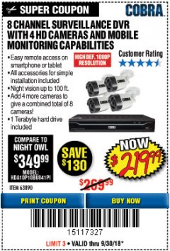 Harbor Freight Coupon 8 CHANNEL SURVEILLANCE DVR WITH 4 HD CAMERAS AND MOBILE MONITORING CAPABILITIES Lot No. 63890 Expired: 9/30/18 - $219.99