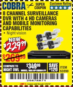 Harbor Freight Coupon 8 CHANNEL SURVEILLANCE DVR WITH 4 HD CAMERAS AND MOBILE MONITORING CAPABILITIES Lot No. 63890 Expired: 1/20/19 - $229.99