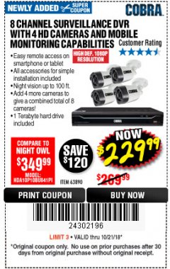 Harbor Freight Coupon 8 CHANNEL SURVEILLANCE DVR WITH 4 HD CAMERAS AND MOBILE MONITORING CAPABILITIES Lot No. 63890 Expired: 10/21/18 - $229.99