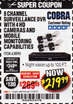 Harbor Freight Coupon 8 CHANNEL SURVEILLANCE DVR WITH 4 HD CAMERAS AND MOBILE MONITORING CAPABILITIES Lot No. 63890 Expired: 11/30/18 - $219.99