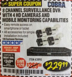 Harbor Freight Coupon 8 CHANNEL SURVEILLANCE DVR WITH 4 HD CAMERAS AND MOBILE MONITORING CAPABILITIES Lot No. 63890 Expired: 12/31/18 - $229.99